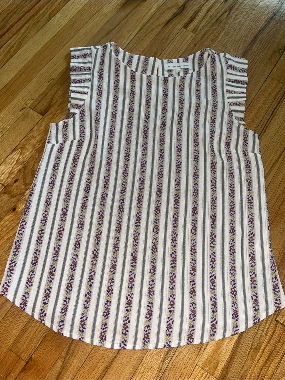 Monteau White Sleeveless Stripe & Floral Ruffle Top